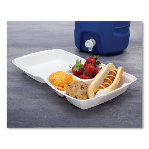 8x8 3 Compartment DART Foam Hinged Containers, 8.38x7.78x3.25 , white, 200/cs