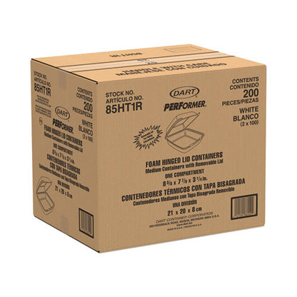 8x8 1 Compartment Dart Foam Hinged Containers, 8.38x7.78x3.25, White, 200/cs