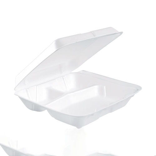 7.5x8x2.3 Dart Foam Hinged Lid Containers, 3 Compartment, White, 200/CS
