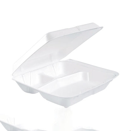 7.5x8x2.3 Dart Foam Hinged Lid Containers, 3 Compartment, White, 200/CS