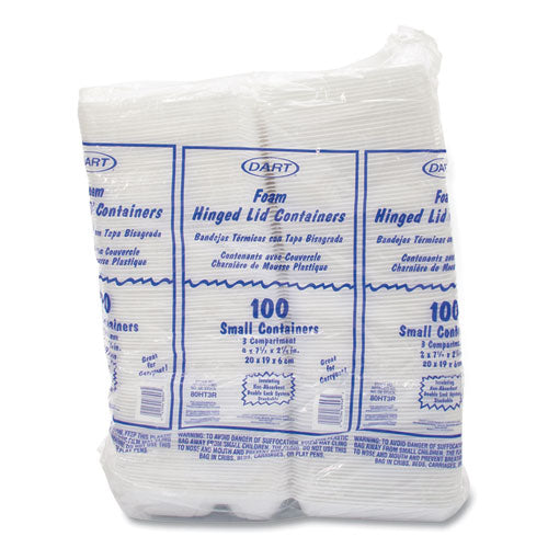 7.5x8x2.3 Dart Foam Hinged Lid Containers, 3 Compartment, White, 200/CS