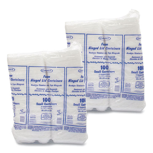 7.5x8x2.3 Dart Foam Hinged Lid Containers, 3 Compartment, White, 200/CS