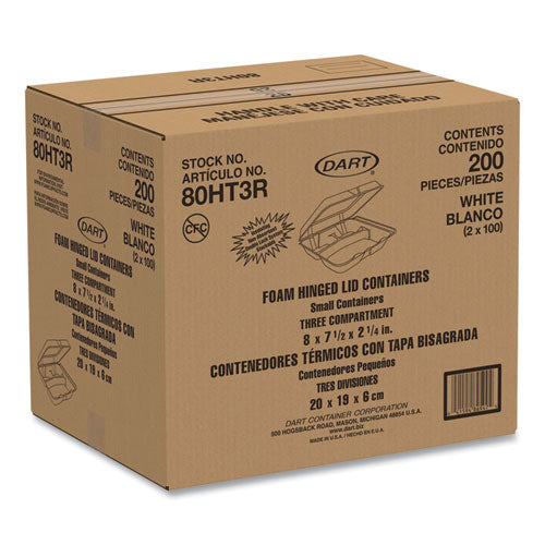 7.5x8x2.3 Dart Foam Hinged Lid Containers, 3 Compartment, White, 200/CS
