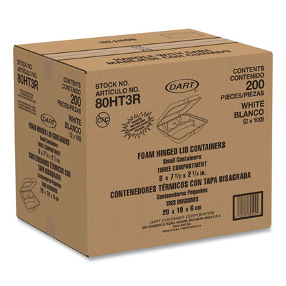 7.5x8x2.3 Dart Foam Hinged Lid Containers, 3 Compartment, White, 200/CS