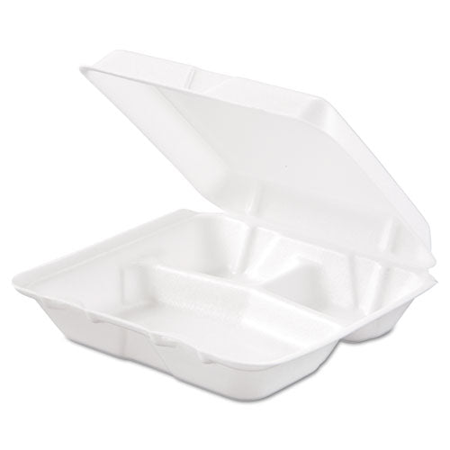 7.5x8x2.3 Dart Foam Hinged Lid Containers, 3 Compartment, White, 200/CS