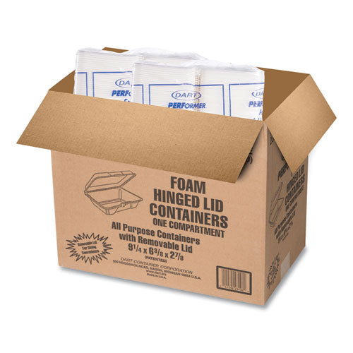 6.4x9.3x2.9 Foam Hinged Lid Containers, Dart, 1 Compartment, White, 200/cs