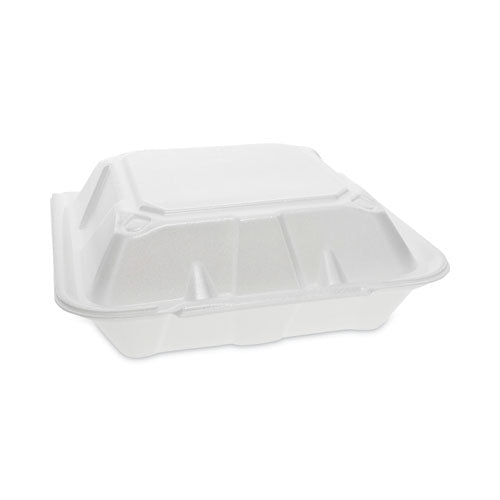 9.13x9x3.25 Pactiv Vented Foam Hinged Lid Container, Dual Tab Lock, 3-Compartment, White, 150/cs