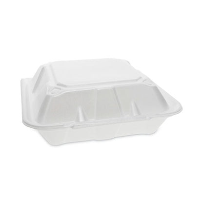 9.13x9x3.25 Pactiv Vented Foam Hinged Lid Container, Dual Tab Lock, 3-Compartment, White, 150/cs