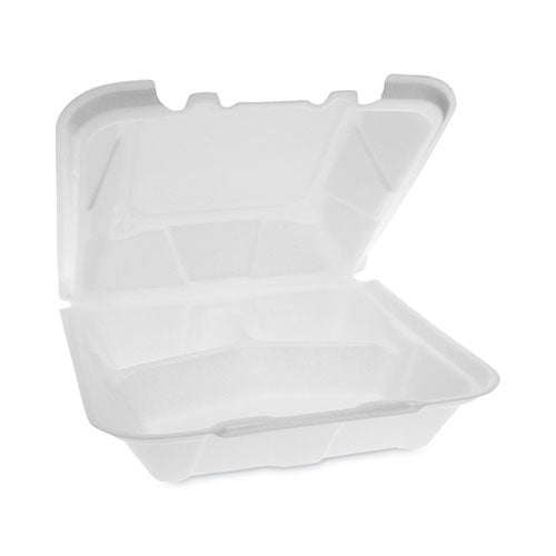 9.13x9x3.25 Pactiv Vented Foam Hinged Lid Container, Dual Tab Lock, 3-Compartment, White, 150/cs