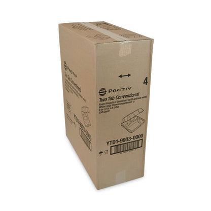 9.13x9x3.25 Pactiv Vented Foam Hinged Lid Container, Dual Tab Lock, 3-Compartment, White, 150/cs