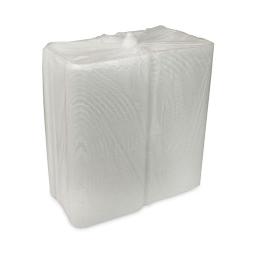 9.13x9x3.25 Pactiv Vented Foam Hinged Lid Container, Dual Tab Lock, 3-Compartment, White, 150/cs