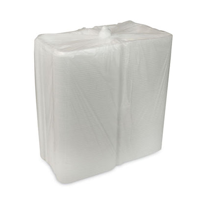 9.13x9x3.25 Pactiv Vented Foam Hinged Lid Container, Dual Tab Lock, 3-Compartment, White, 150/cs