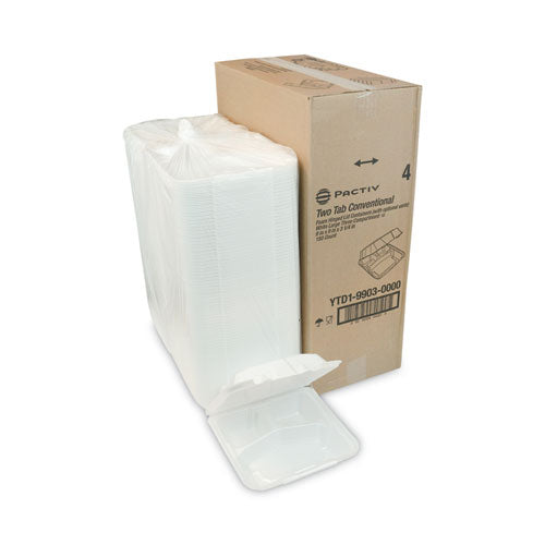 9.13x9x3.25 Pactiv Vented Foam Hinged Lid Container, Dual Tab Lock, 3-Compartment, White, 150/cs