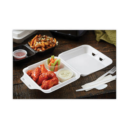 9.13x9x3.25 Pactiv Vented Foam Hinged Lid Container, Dual Tab Lock, 3-Compartment, White, 150/cs
