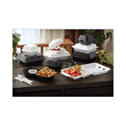 9.13x9x3.25 Pactiv Vented Foam Hinged Lid Container, Dual Tab Lock, 3-Compartment, White, 150/cs