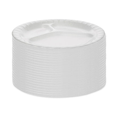 8.88 inch Pactiv Placesetter Deluxe Laminated Foam Dinnerware, 3-Compartment Plate, dia, White, 500/ct
