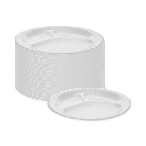 8.88 inch Pactiv Placesetter Deluxe Laminated Foam Dinnerware, 3-Compartment Plate, dia, White, 500/ct