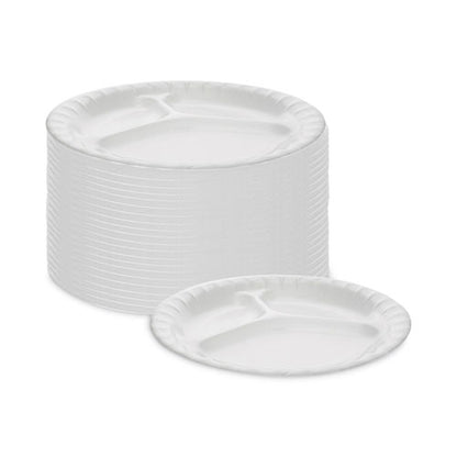 8.88 inch Pactiv Placesetter Deluxe Laminated Foam Dinnerware, 3-Compartment Plate, dia, White, 500/ct
