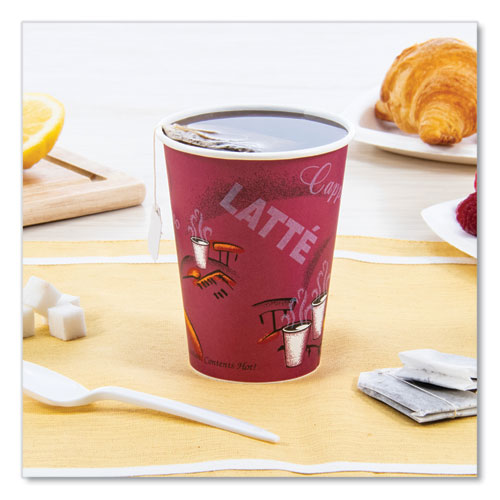 12oz SOLO Paper Hot Drink Cups in Bistro Design, Maroon, 50/pk