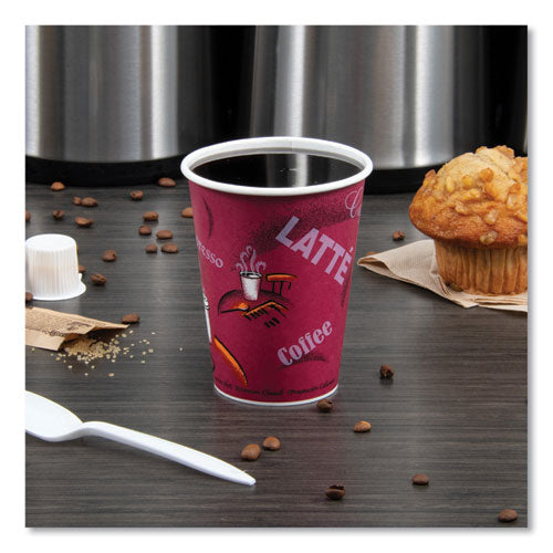 12oz SOLO Paper Hot Drink Cups in Bistro Design, Maroon, 50/pk
