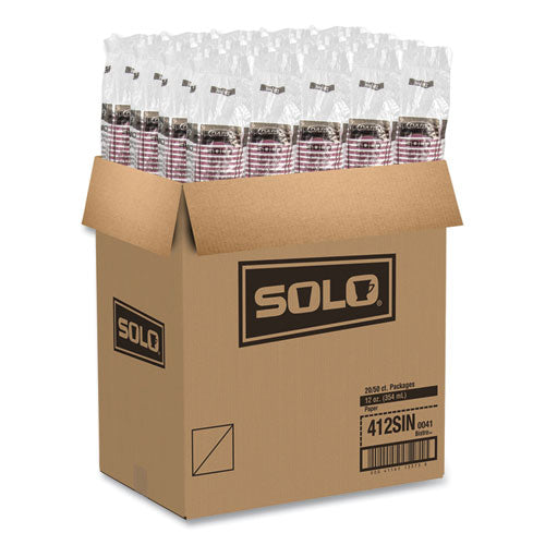 12oz SOLO Paper Hot Drink Cups in Bistro Design, Maroon, 50/pk