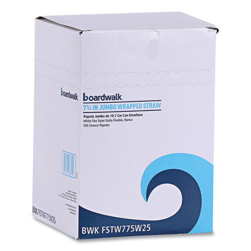 7.75 inch Boardwalk Flexible Wrapped Straws, Plastic, White, 500/pack, 20 Packs/ct