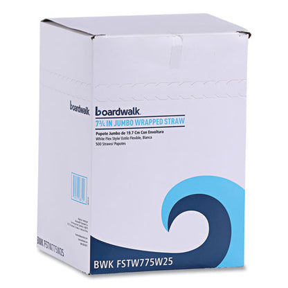 7.75 inch Boardwalk Flexible Wrapped Straws, Plastic, White, 500/pack, 20 Packs/ct