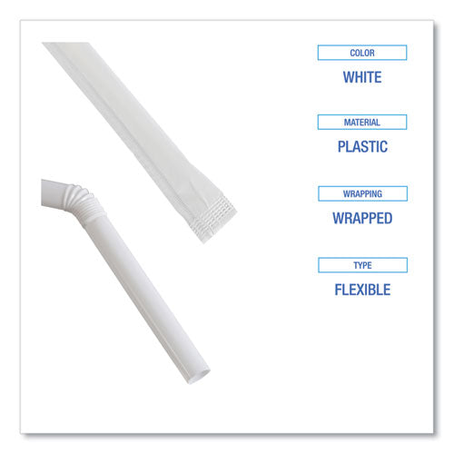7.75 inch Boardwalk Flexible Wrapped Straws, Plastic, White, 500/pack, 20 Packs/ct