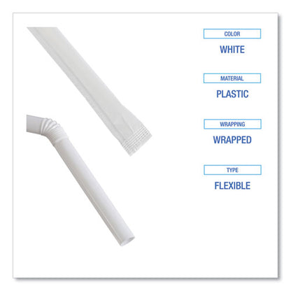 7.75 inch Boardwalk Flexible Wrapped Straws, Plastic, White, 500/pack, 20 Packs/ct