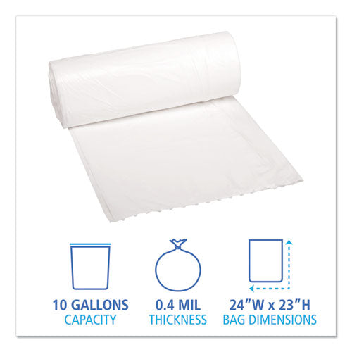 24x23 .4 mil 10 Gal, Boardwalk Low-Density Waste Can Liners, White, Perforated Roll, 500/cs