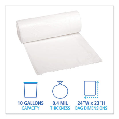 24x23 .4 mil 10 Gal, Boardwalk Low-Density Waste Can Liners, White, Perforated Roll, 500/cs