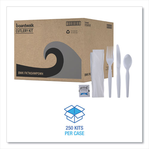 Heavyweight 6pcs Cutlery Kit White, Condiment, fork, knife, napkin, spoon, Boardwalk, 250/cs