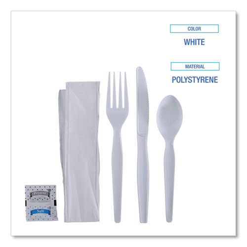 Heavyweight 6pcs Cutlery Kit White, Condiment, fork, knife, napkin, spoon, Boardwalk, 250/cs