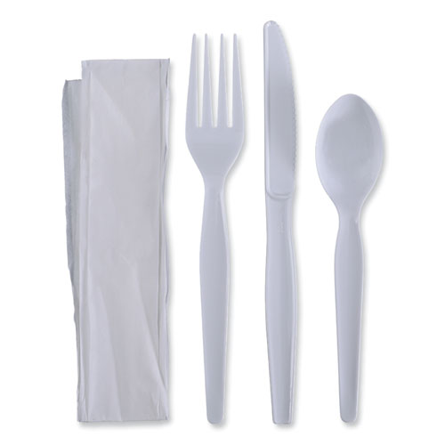 4pc Heavy weight Cutlery Kit, Fork, knife, napkin, teaspoon, Boardwalk, White, 250/cs