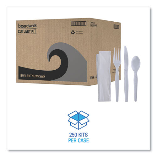 4pc Heavy weight Cutlery Kit, Fork, knife, napkin, teaspoon, Boardwalk, White, 250/cs