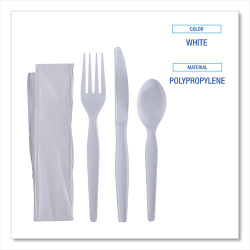 4pc Heavy weight Cutlery Kit, Fork, knife, napkin, teaspoon, Boardwalk, White, 250/cs