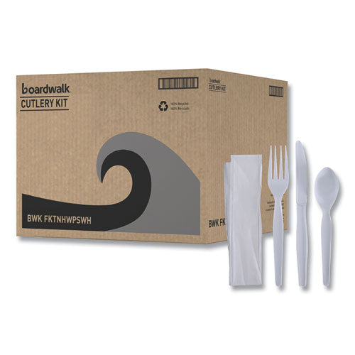 4pc Heavy weight Cutlery Kit, Fork, knife, napkin, teaspoon, Boardwalk, White, 250/cs