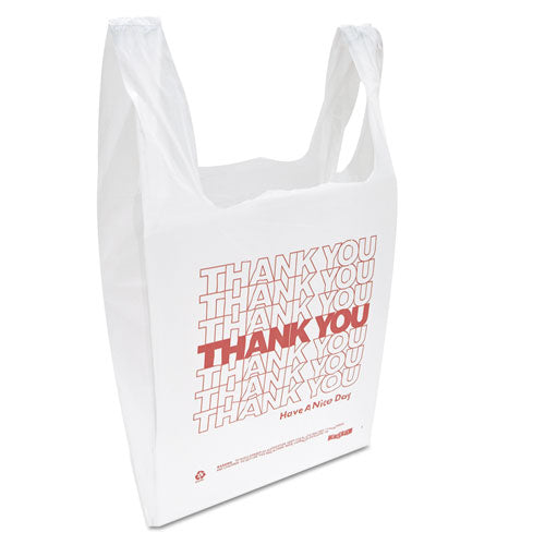 11.5x6.5x21 Inteplast Thank You, Handled T-Shirt Bag, Have a Nice Day Labeling, Cut-Out Handles, White/Red, 900/cs