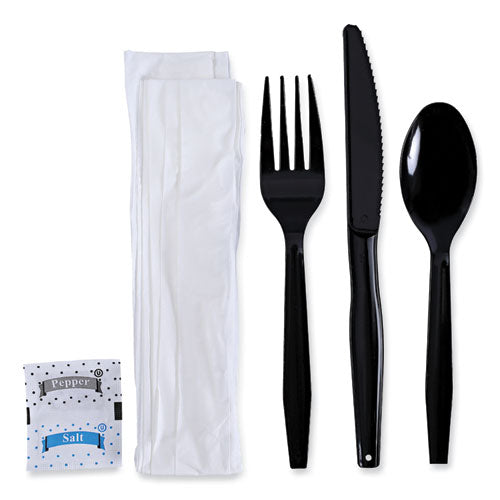Boardwalk Six-Piece Cutlery Kit, Condiment/fork/knife/napkin/teaspoon, Black, 250/ct