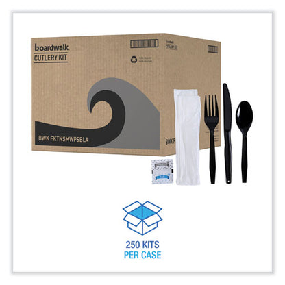Boardwalk Six-Piece Cutlery Kit, Condiment/fork/knife/napkin/teaspoon, Black, 250/ct