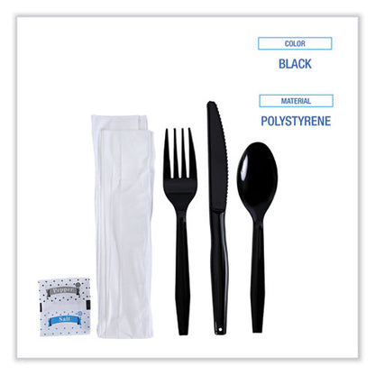 Boardwalk Six-Piece Cutlery Kit, Condiment/fork/knife/napkin/teaspoon, Black, 250/ct