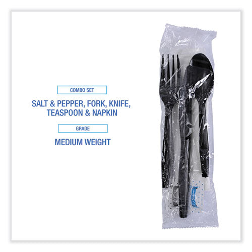 Boardwalk Six-Piece Cutlery Kit, Condiment/fork/knife/napkin/teaspoon, Black, 250/ct