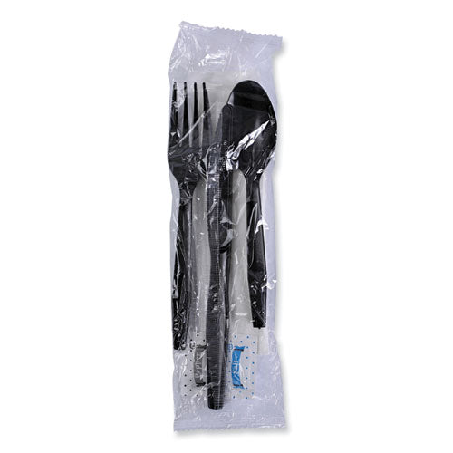 Boardwalk Six-Piece Cutlery Kit, Condiment/fork/knife/napkin/teaspoon, Black, 250/ct