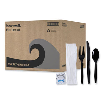 Boardwalk Six-Piece Cutlery Kit, Condiment/fork/knife/napkin/teaspoon, Black, 250/ct