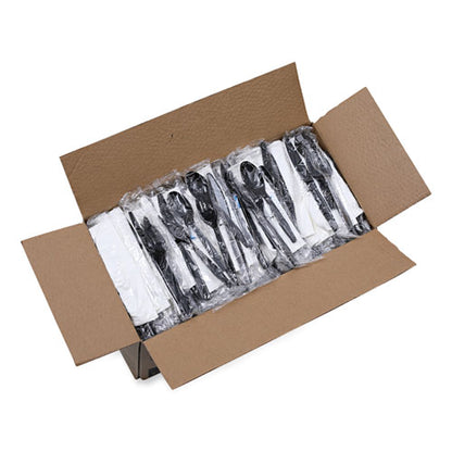 Boardwalk Six-Piece Cutlery Kit, Condiment/fork/knife/napkin/teaspoon, Black, 250/ct