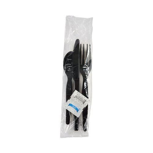 6pc Heavyweight Cutlery Kit, Condiment, fork, knife, napkin, spoon, Black, Boardwalk, 250/cs