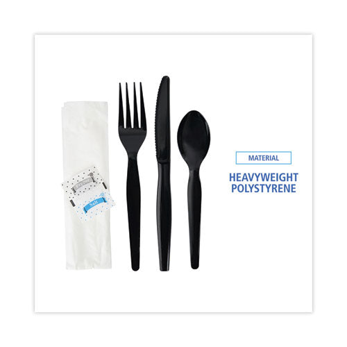 6pc Heavyweight Cutlery Kit, Condiment, fork, knife, napkin, spoon, Black, Boardwalk, 250/cs