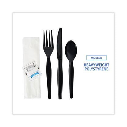 6pc Heavyweight Cutlery Kit, Condiment, fork, knife, napkin, spoon, Black, Boardwalk, 250/cs