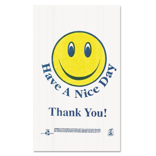 BarnesPape Smiley Face Shopping Bags, 12.4 MIC, Thank You - Have a Nice Day Labeling, Cut-Out Handles, 11.5" x 6.5" x 21", White/Red, 900/Carton