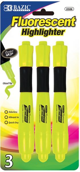 BAZIC Yellow Desk Style Fluorescent Highlighters w/ Cushion Grip (3/Pack)
